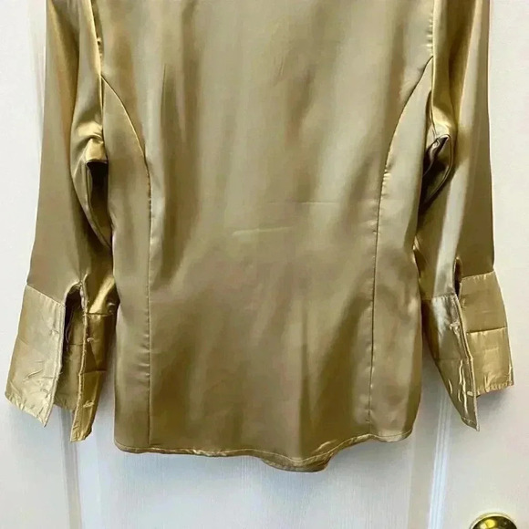 Suzy Shier Wrap Blouse Gold Satin V Neck Tie Waist 3/4 Sleeve Sash  Belt Size XS - Picture 14 of 16